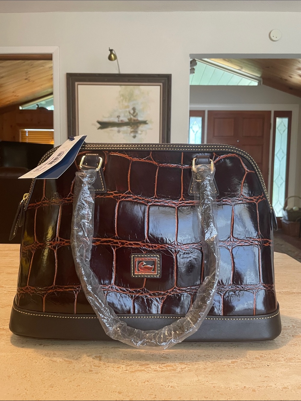 NEW🌹Dooney & Bourke Croc-Print Satchel in Dark Brown with Tan Stitching